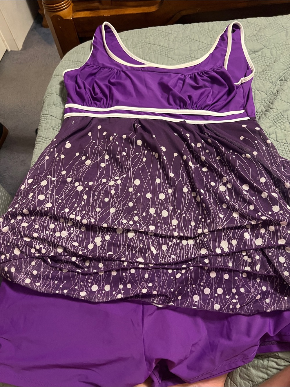 Amazon Purple Printed Swim Dress with White Accents and Shorts